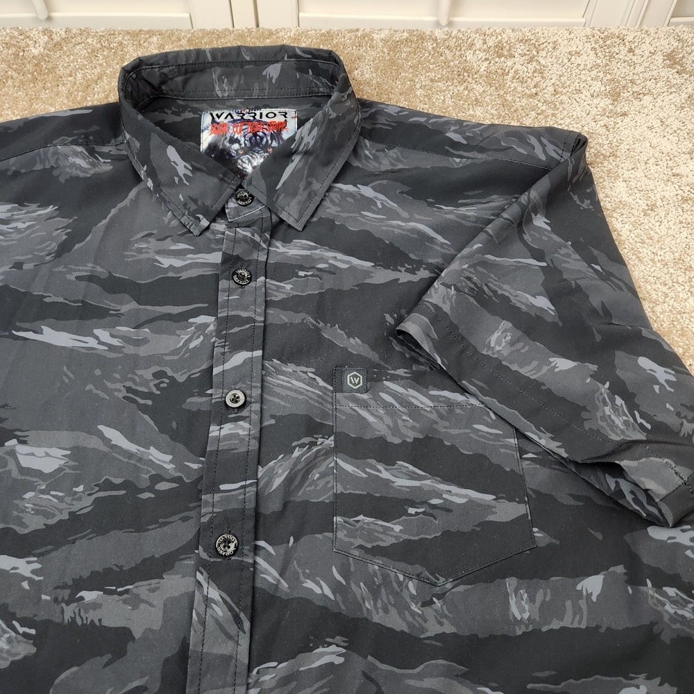 Warrior Black Out Tiger Stripe Camo Button Down Shirt Mens XL Short Sleeve